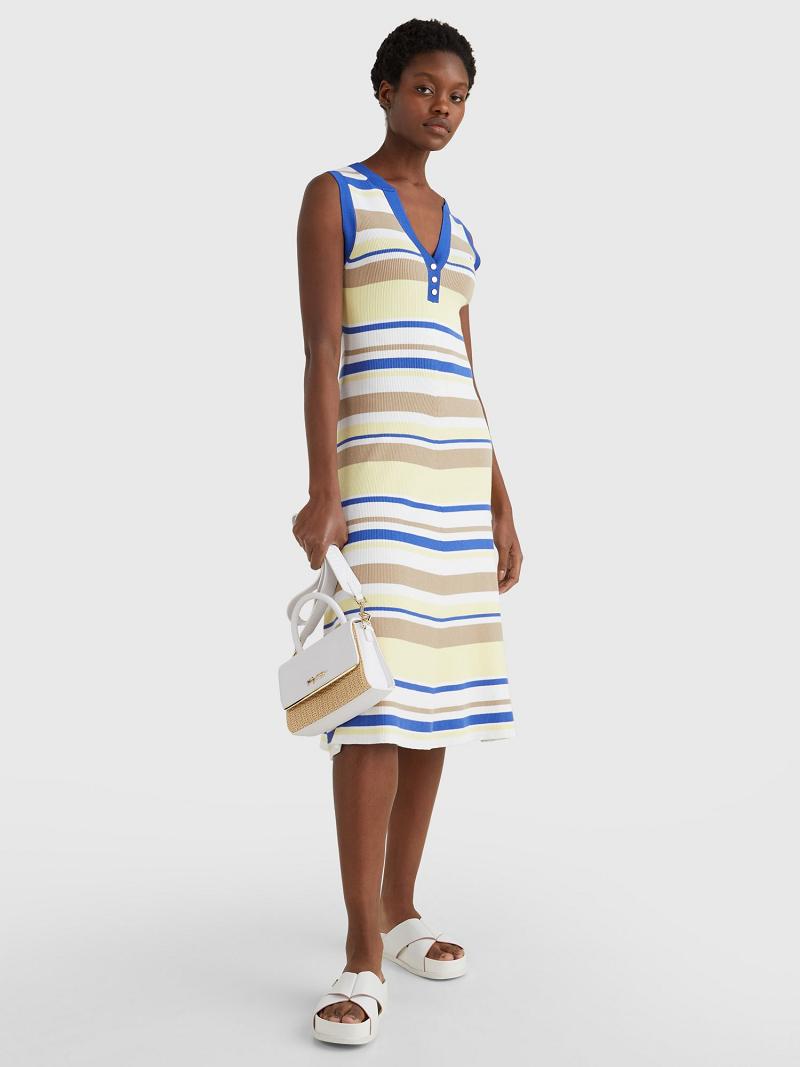 Női Tommy Hilfiger Stripe Henley Midi Dresses Színes | HU 126JPQ